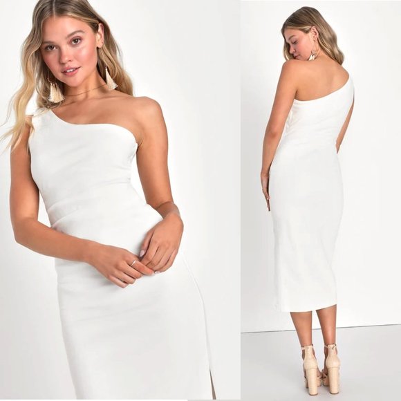 Lulu's Poised in Positano One-Shoulder Midi Dress Gathered Bodycon w/Side Slit - Picture 3 of 5